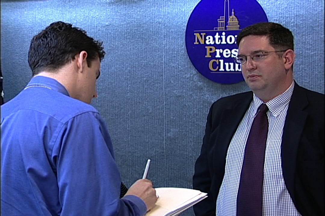 Josh First being interviewed by the press after speaking at the National Press Club, June 2004, on the results of a NWF nationwide poll of hunter and angler attitudes on environmental policies.